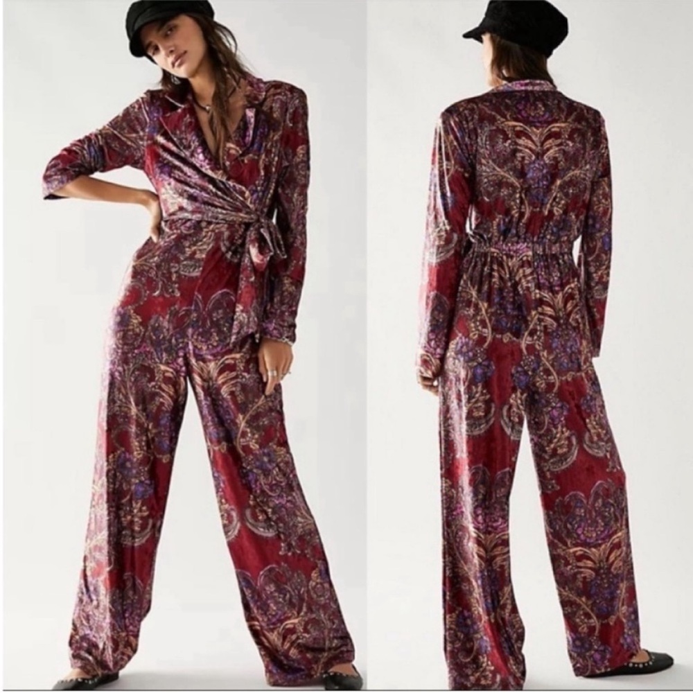NWT Free People Delphine Jumpsuit Color In Red Combo XL Paisley Print Velvet - Picture 1 of 10